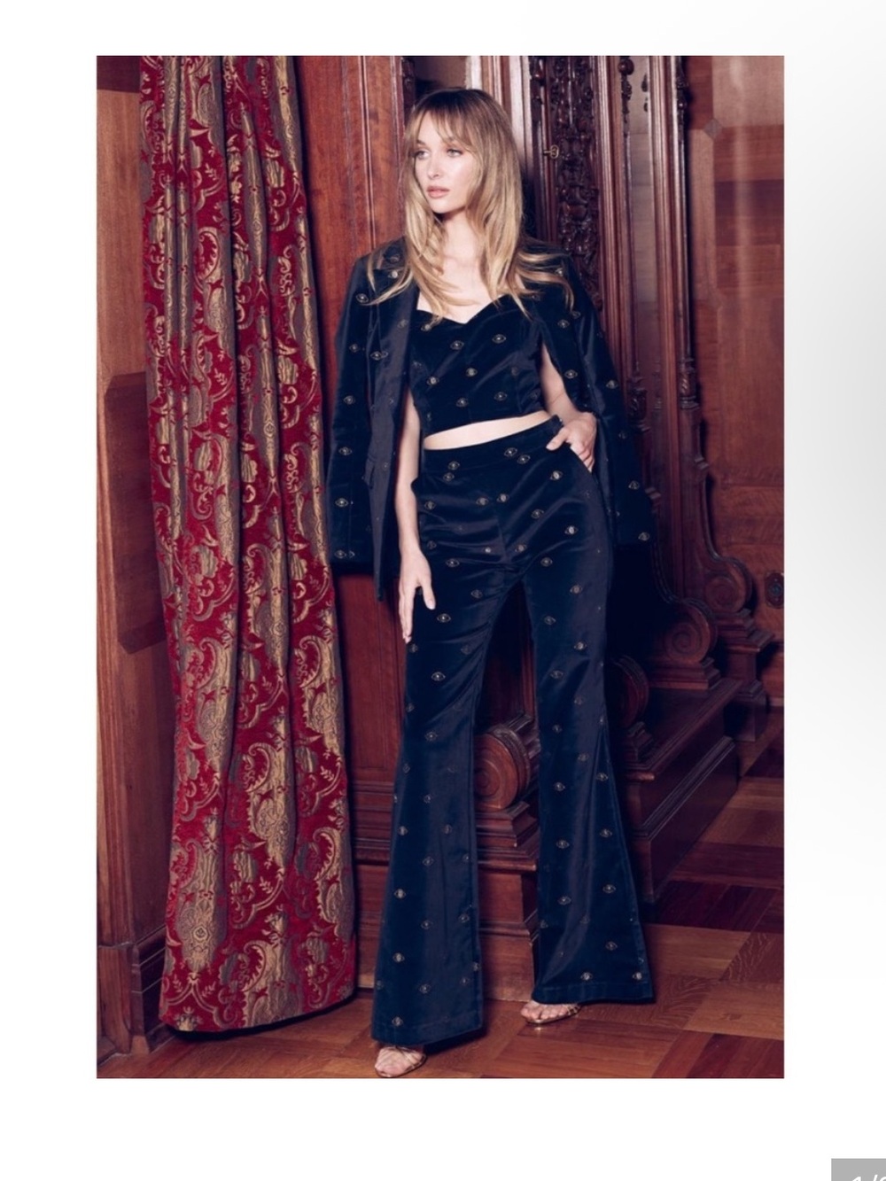 Misa Los Angeles Black Embellished Velvet Wide-Leg Trousers
